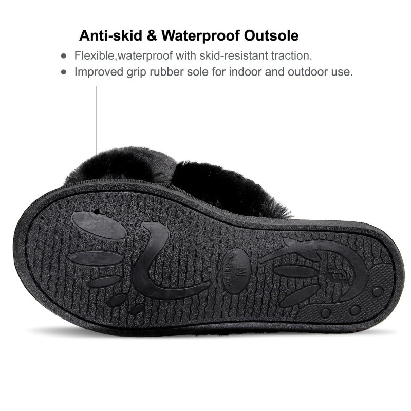JIASUQI Cross Open Toe Fuzzy Fluffy House Slippers for Women Cozy Memory Foam Plush Criss Cross Furry Slides Slippers Black 8-9 - Image 5